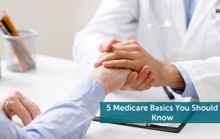 Doctor going over Medicare basics in office while holding his hand.