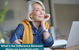 A senior woman propping her chin up with her hand, thinking about the difference between Medicare and Medicaid.