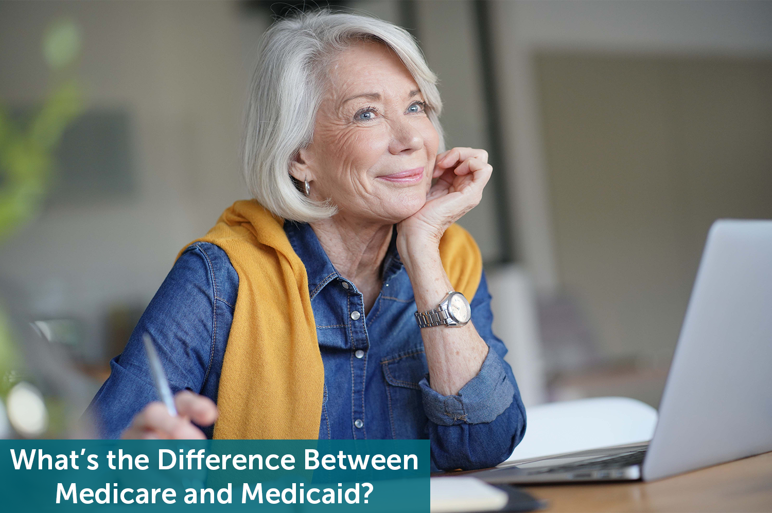 A senior woman propping her chin up with her hand, thinking about the difference between Medicare and Medicaid.