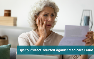 A white senior woman looking at a piece of paper while she sits on the couch and realizes she has been a victim of Medicare fraud.