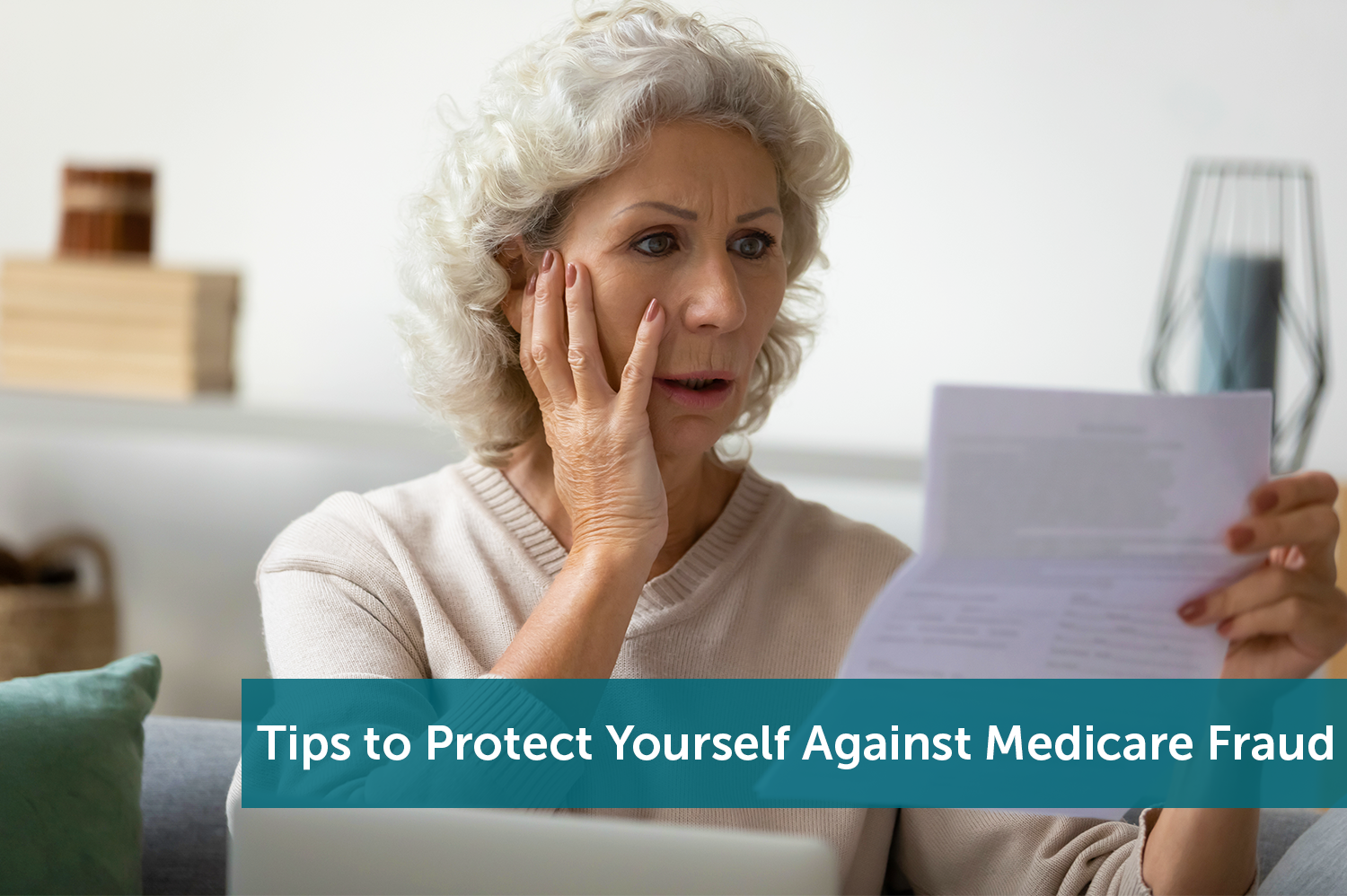 A white senior woman looking at a piece of paper while she sits on the couch and realizes she has been a victim of Medicare fraud.