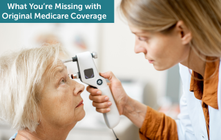 A senior white woman getting an eye exam by a female doctor; something not covered by original Medicare.