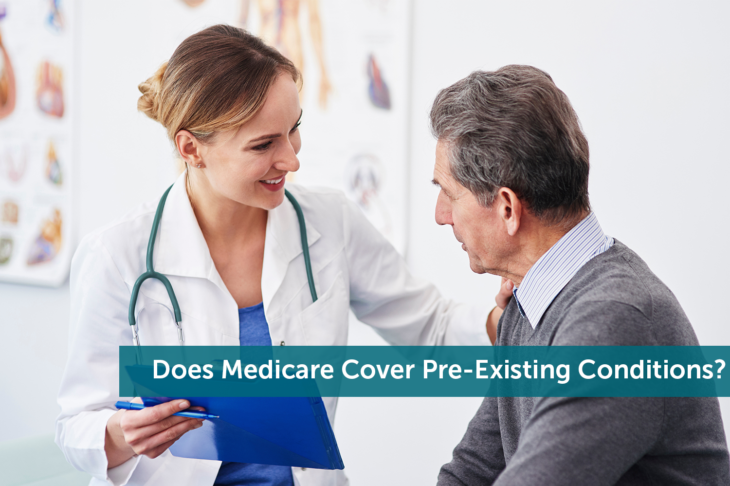 A senior man looking at his female doctor with a clip board, asking her what does Medicare cover.