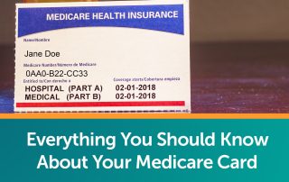 A Medicare card sitting on a wooden table.